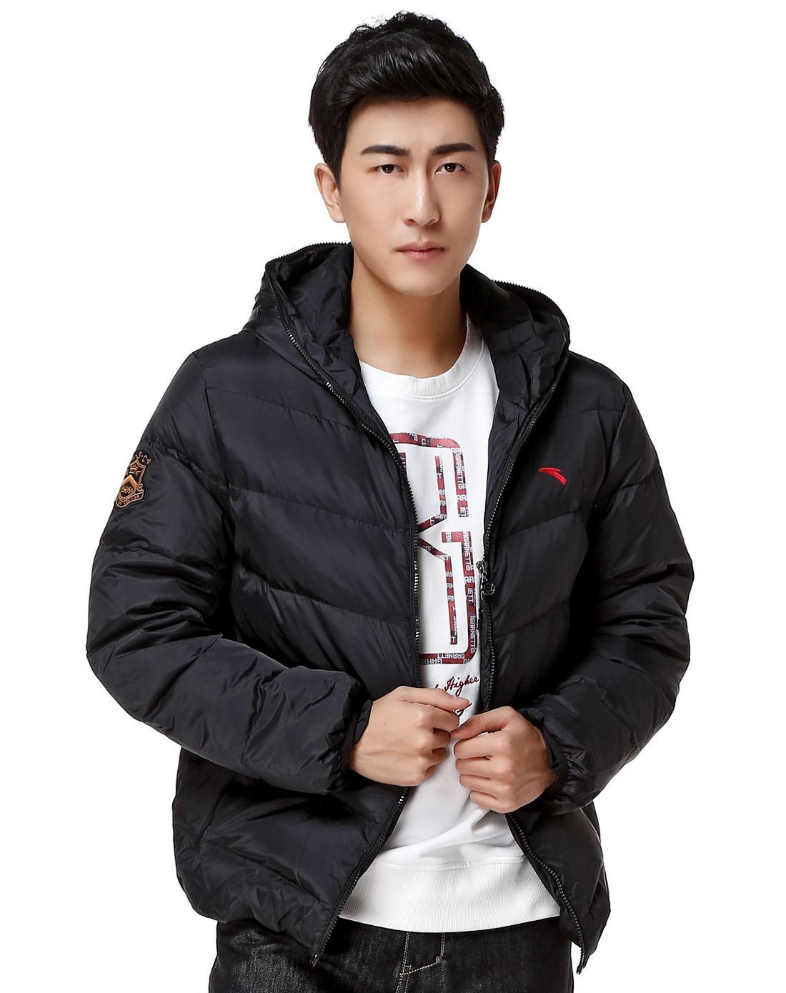 安踏anta活力男士运动专场-男款黑色连帽长袖羽绒服 活力足球系列