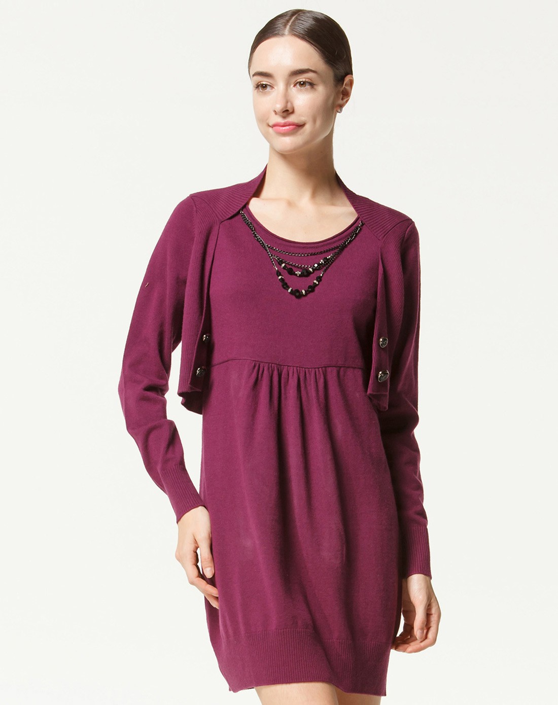 羊毛紫酱红时尚圆领假两件套