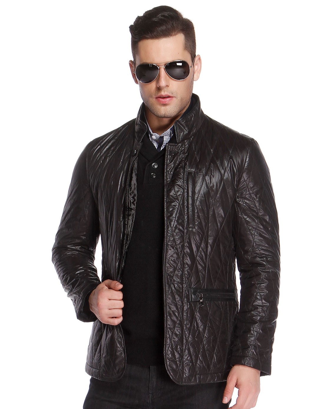 博斯绅威bosssunwen男装反季专场黑色简约休闲长袖立领棉服tbwmi32092