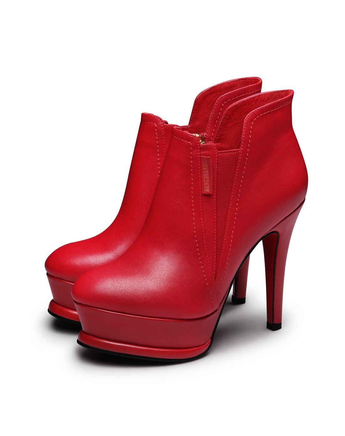 红色欧美真皮细跟短靴女高跟防水台女靴