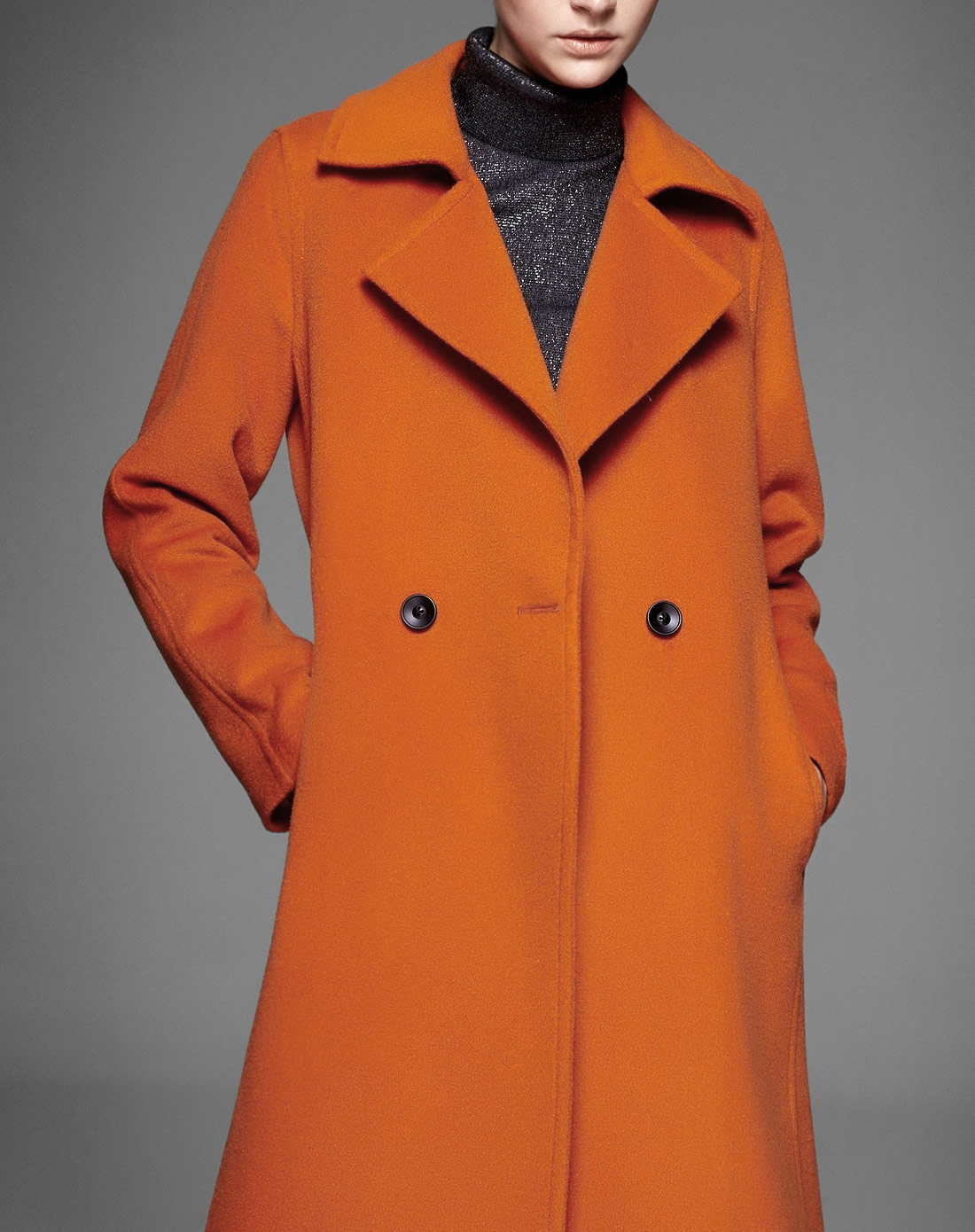 橙色优雅大方长款长袖大衣
