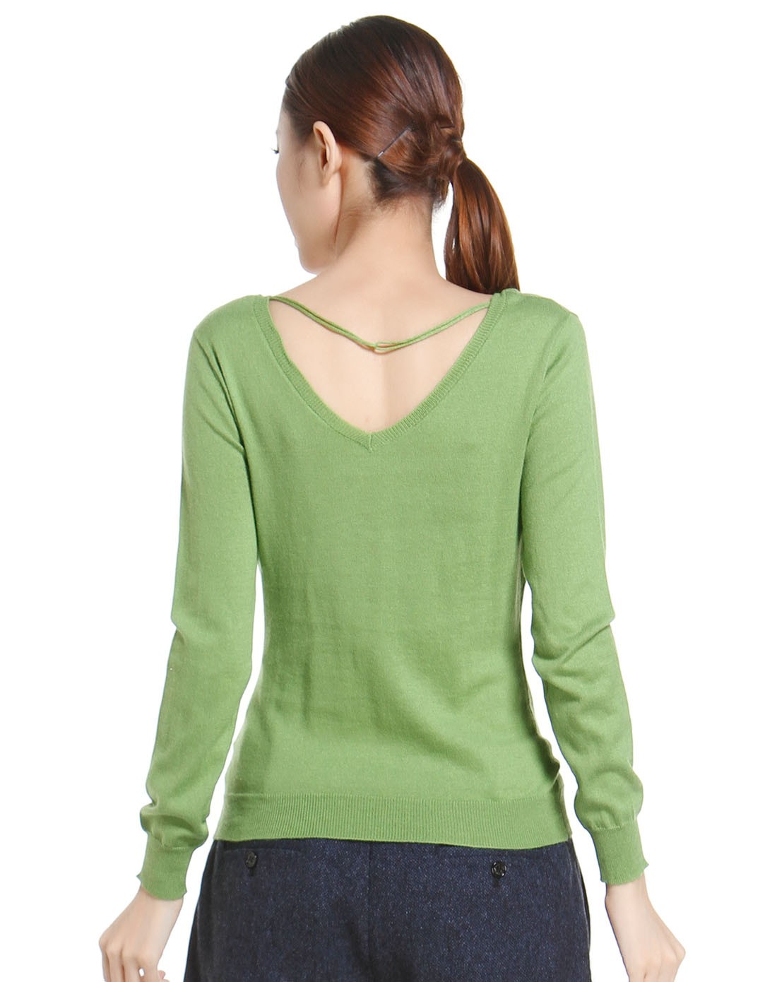 青绿色素色长袖针织衫