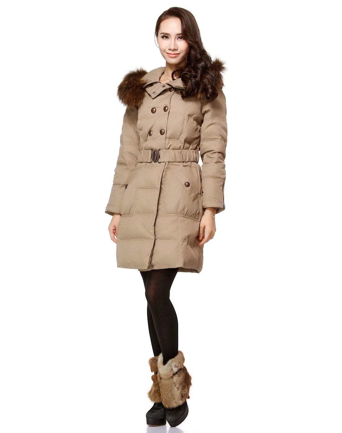 冰飞bingfei 女款灰卡其色连帽时尚双排扣长袖羽绒服