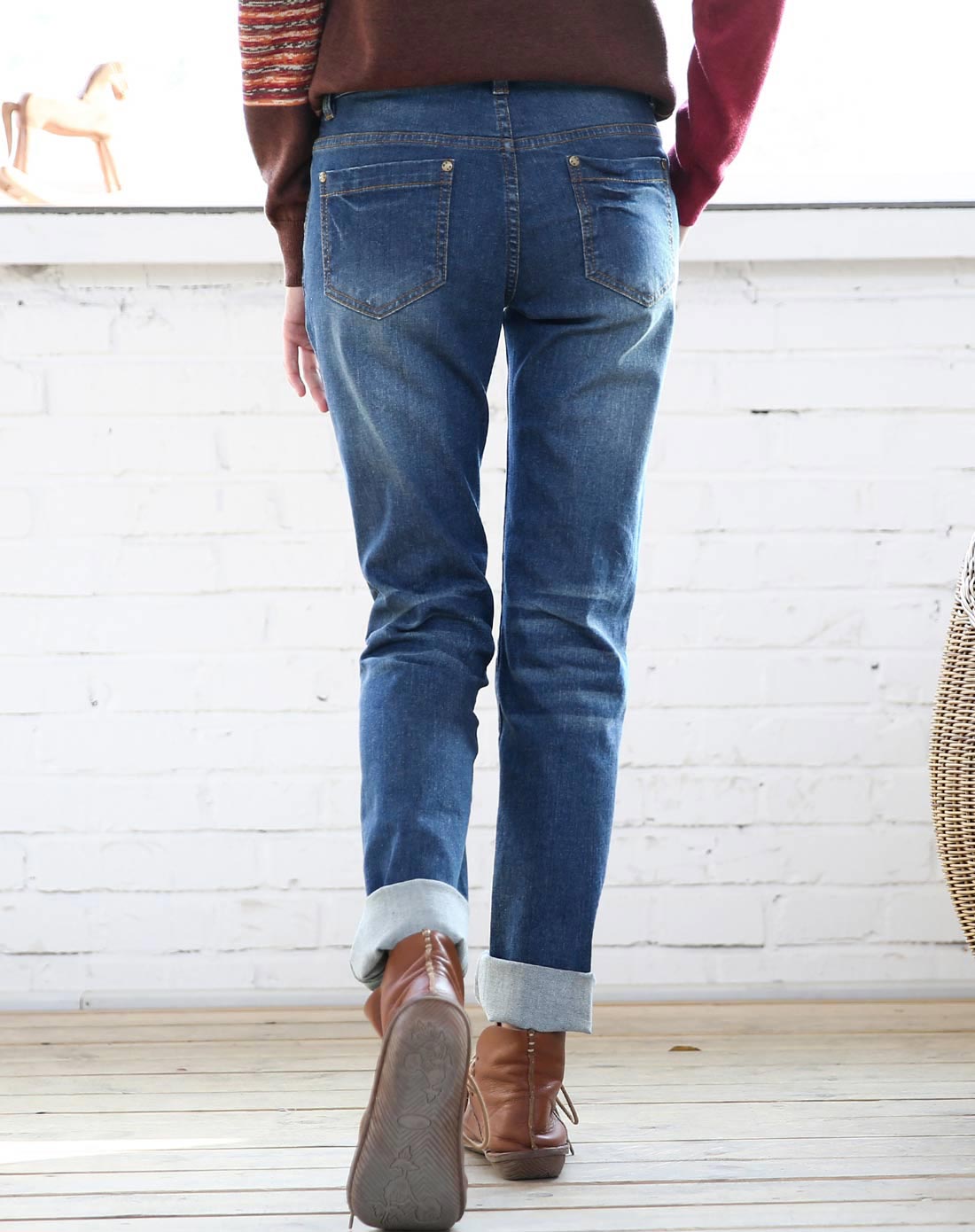 蓝色破洞低腰弹力直筒牛仔裤长裤子