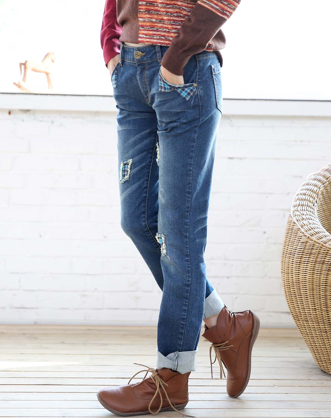 蓝色破洞低腰弹力直筒牛仔裤长裤子