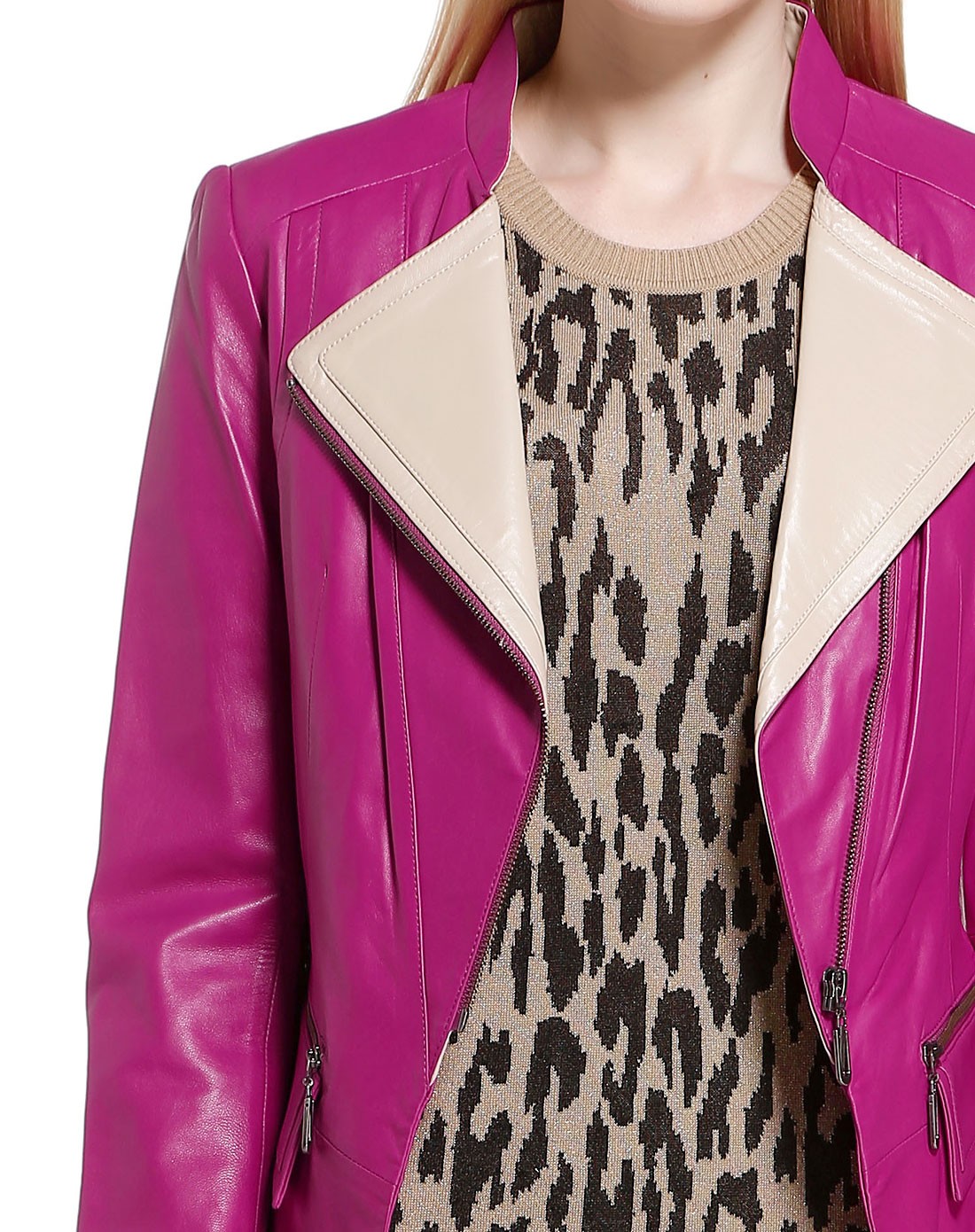 玫红色淑女潮流长袖皮衣