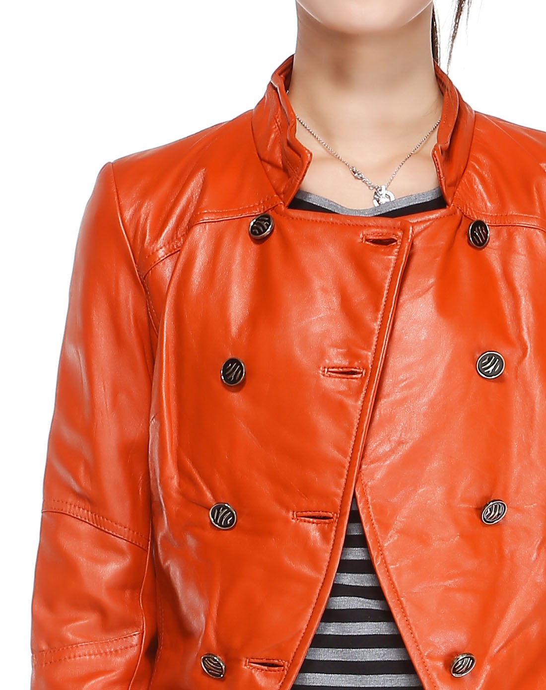 橙色简洁修身双排扣长袖皮衣