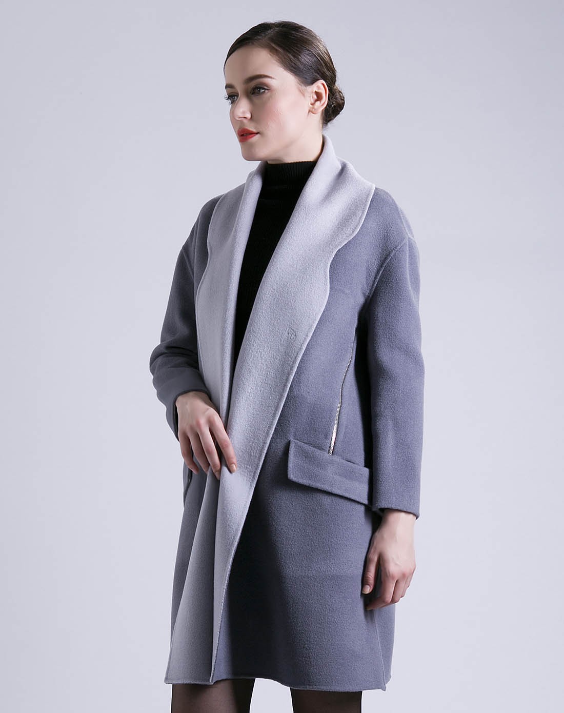 女款紫灰双色大翻领宽松版双面呢大衣