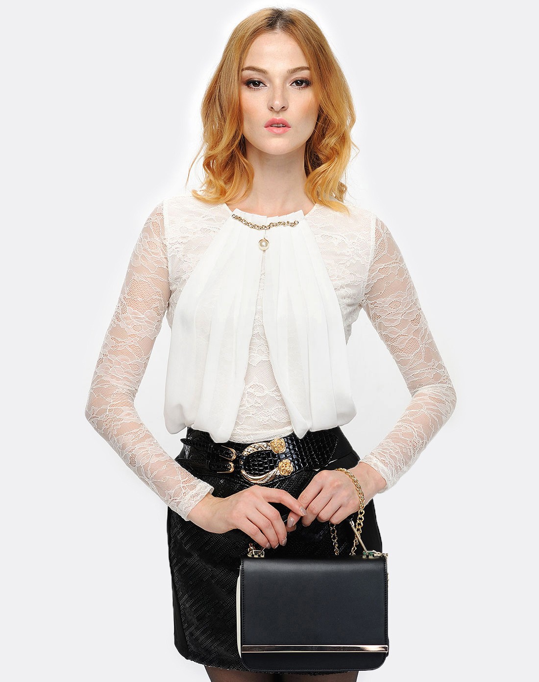 白色性感蕾丝长袖上衣