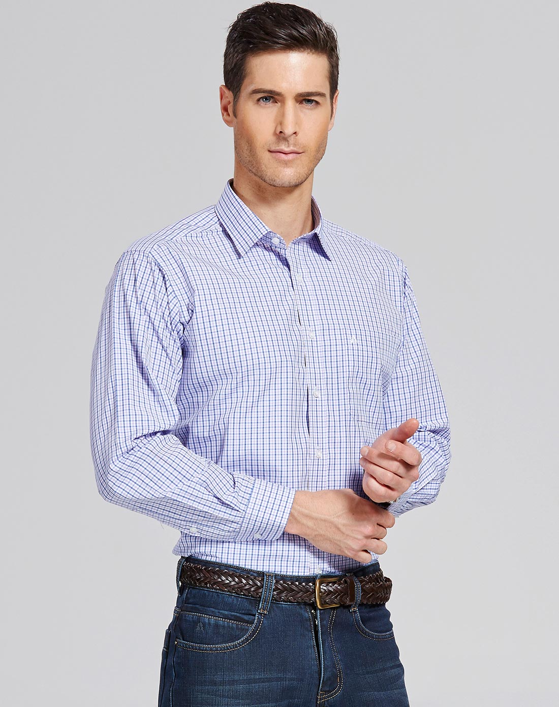 蓝/紫色青年时尚格纹长袖衬衫