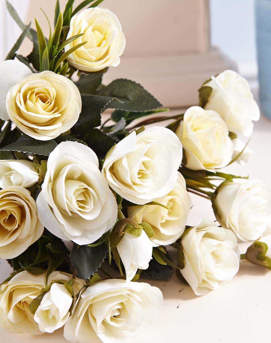 欧式唯美布艺仿真花束-雪花玫米白