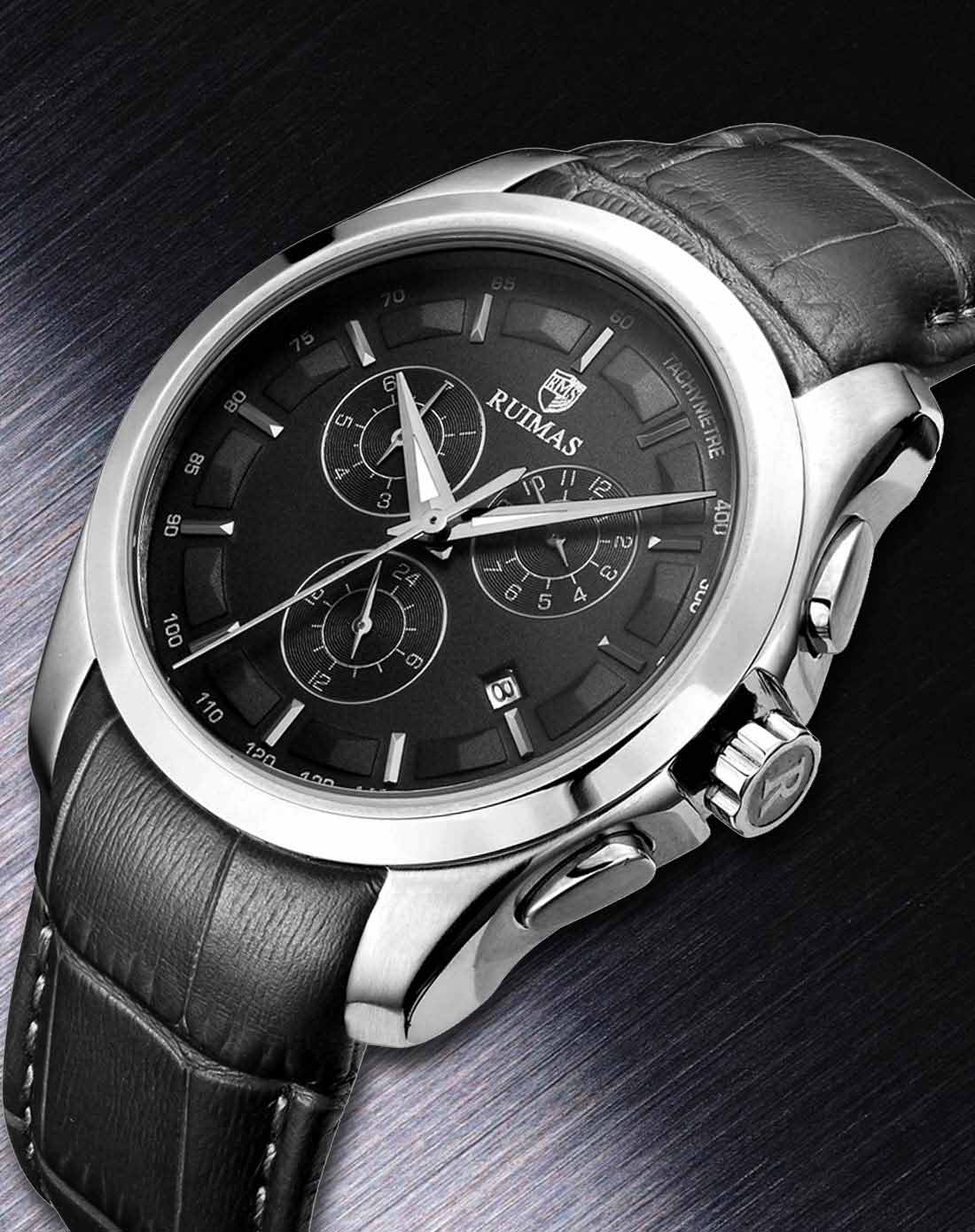 黑面男士皮带机械表