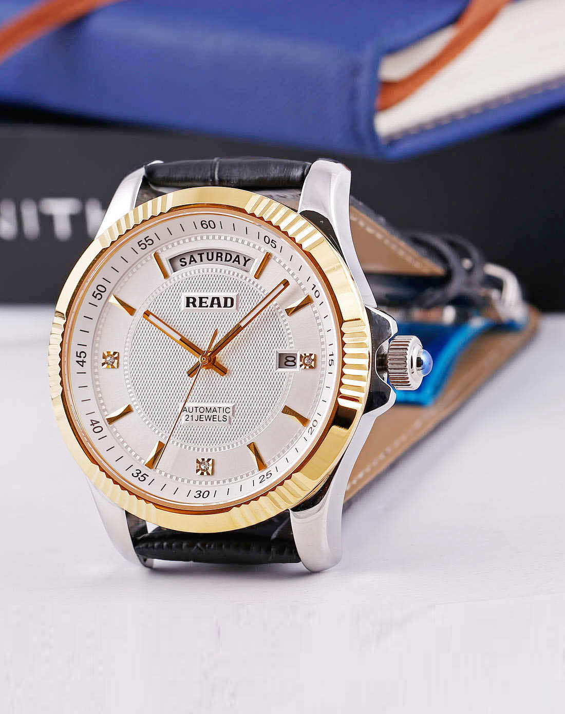 锐力read手表专场 > 商务时尚皮带机械男表白面间金黑带