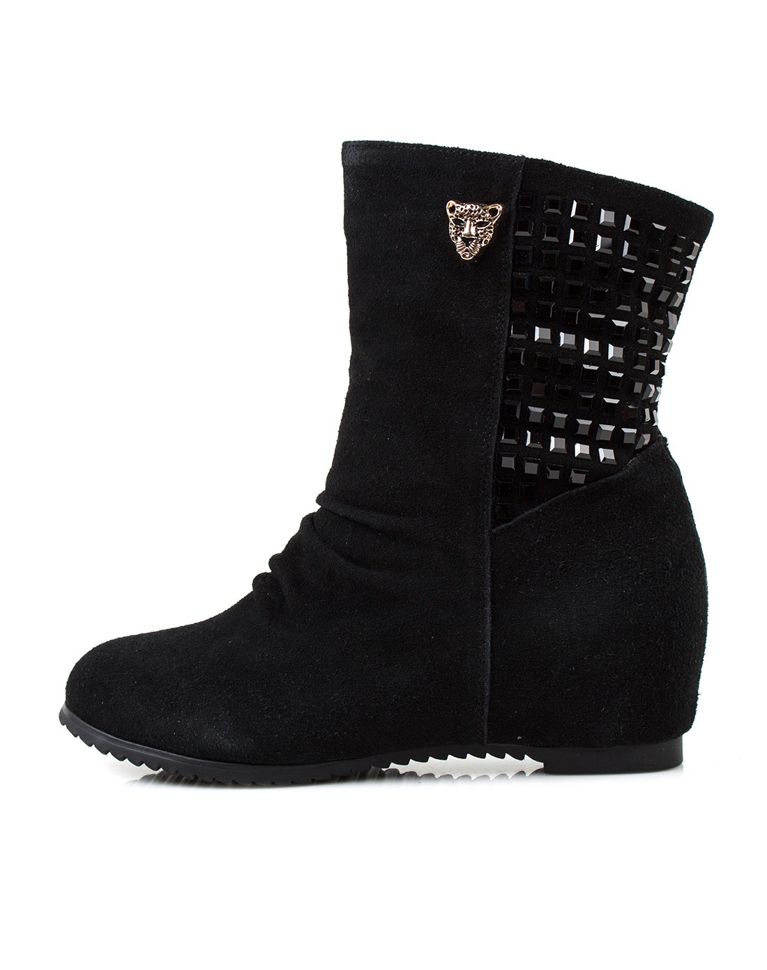 黑色牛绒内增高中筒靴