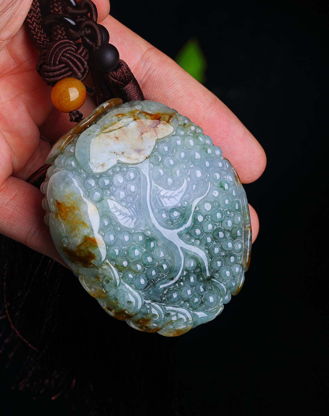 黄加绿多子多福葡萄天然a货翡翠手把件