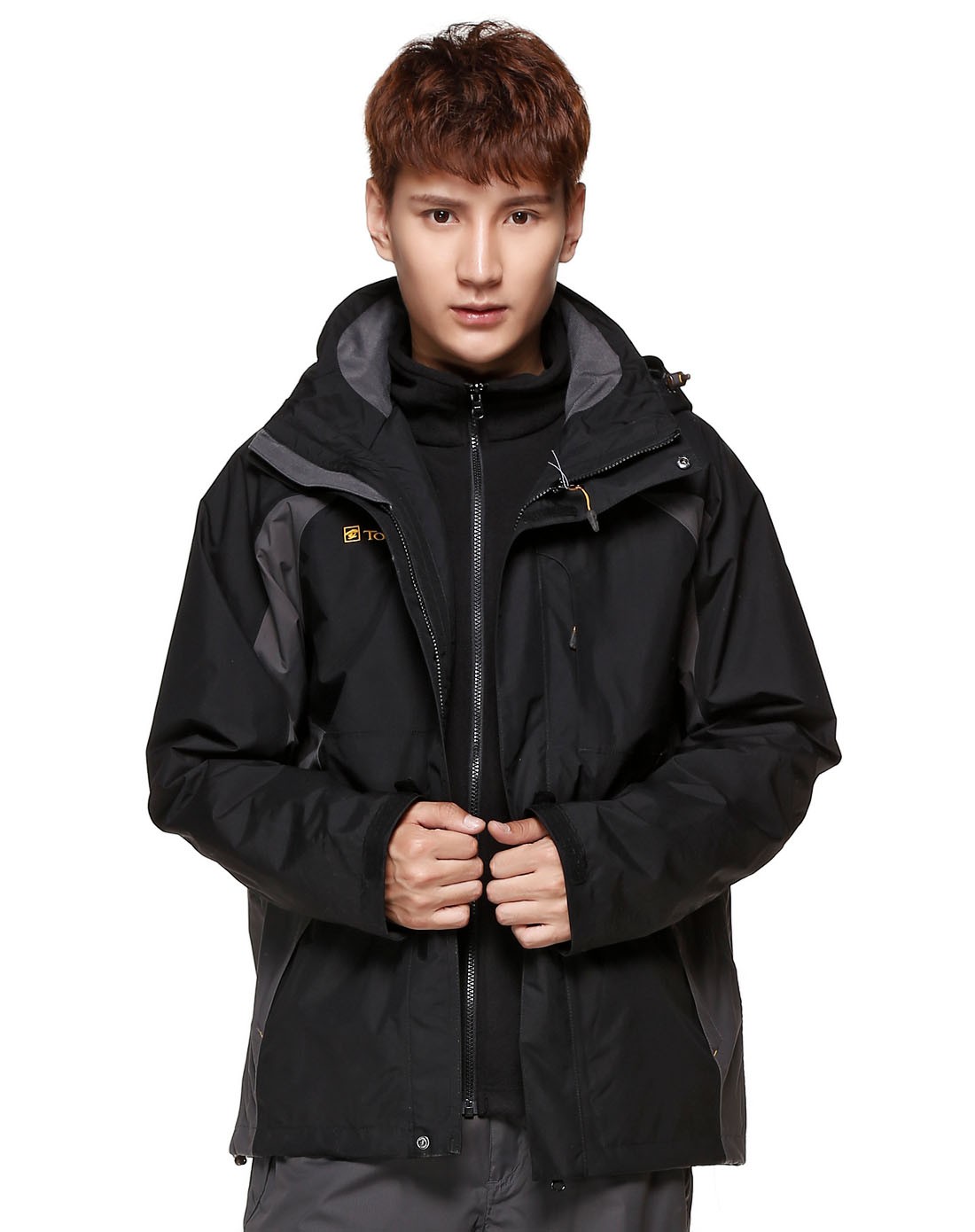 黑色连帽长袖冲锋衣 保暖两件套