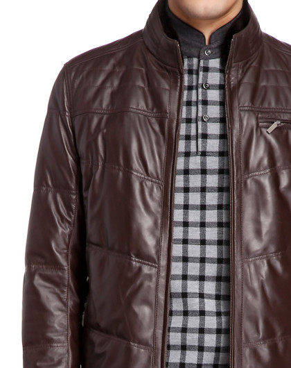 男款深红棕色经典简约长袖皮羽绒服