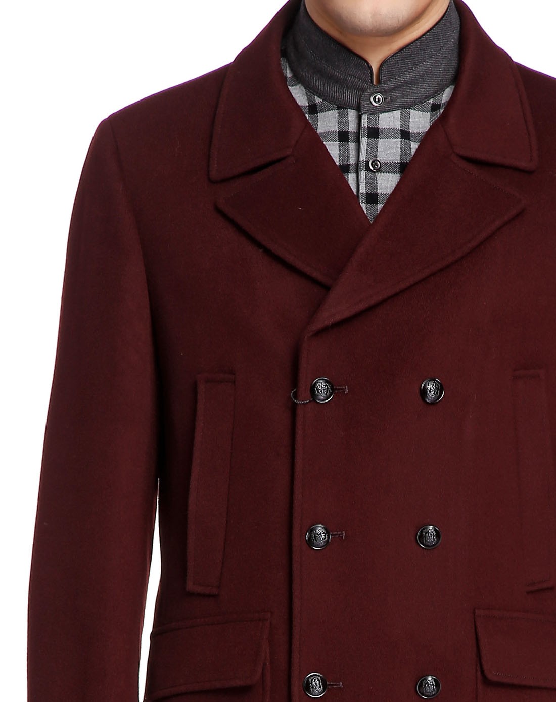 男款酒红色翻领双排扣长袖大衣