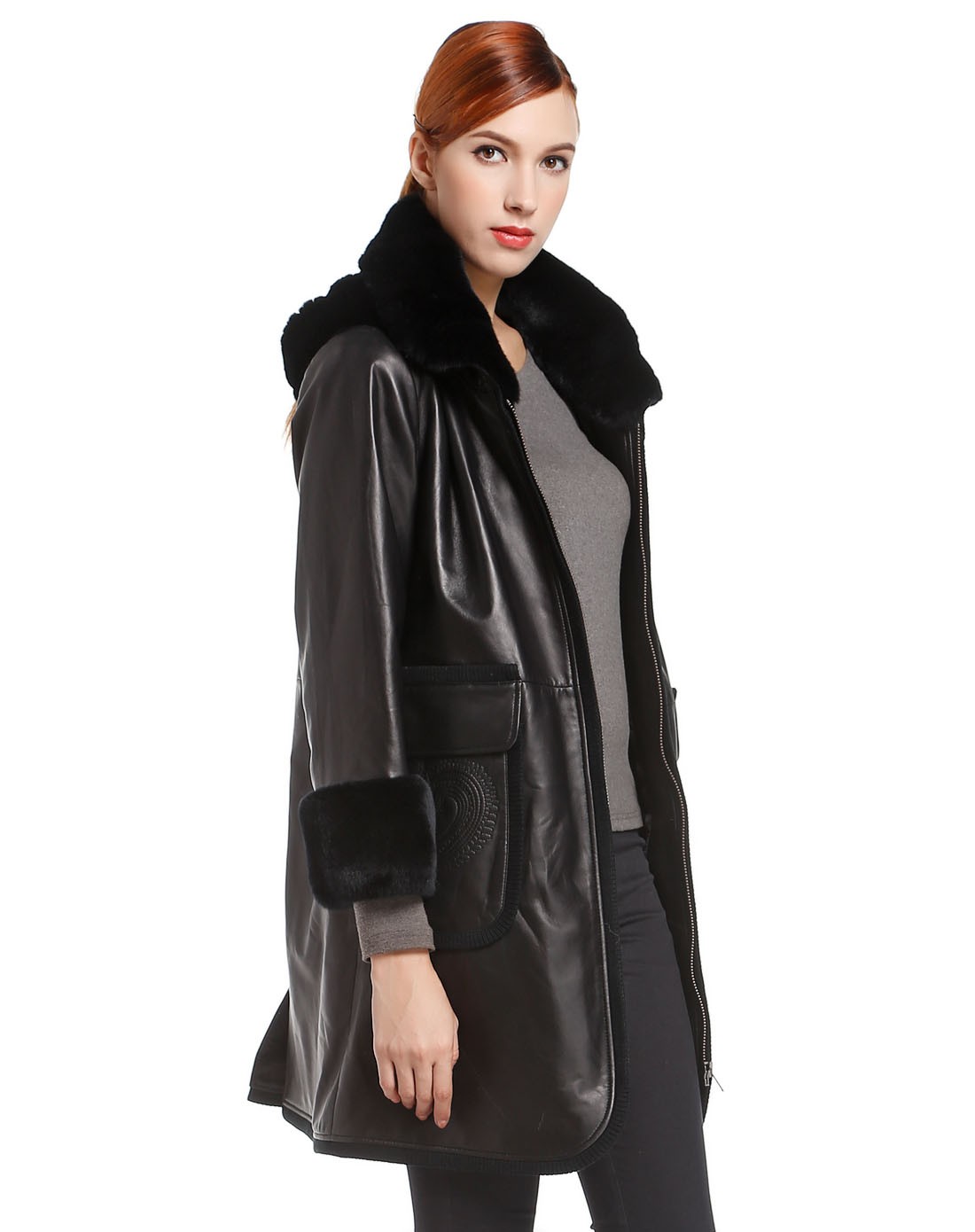 女款黑色高档时尚长袖皮大衣