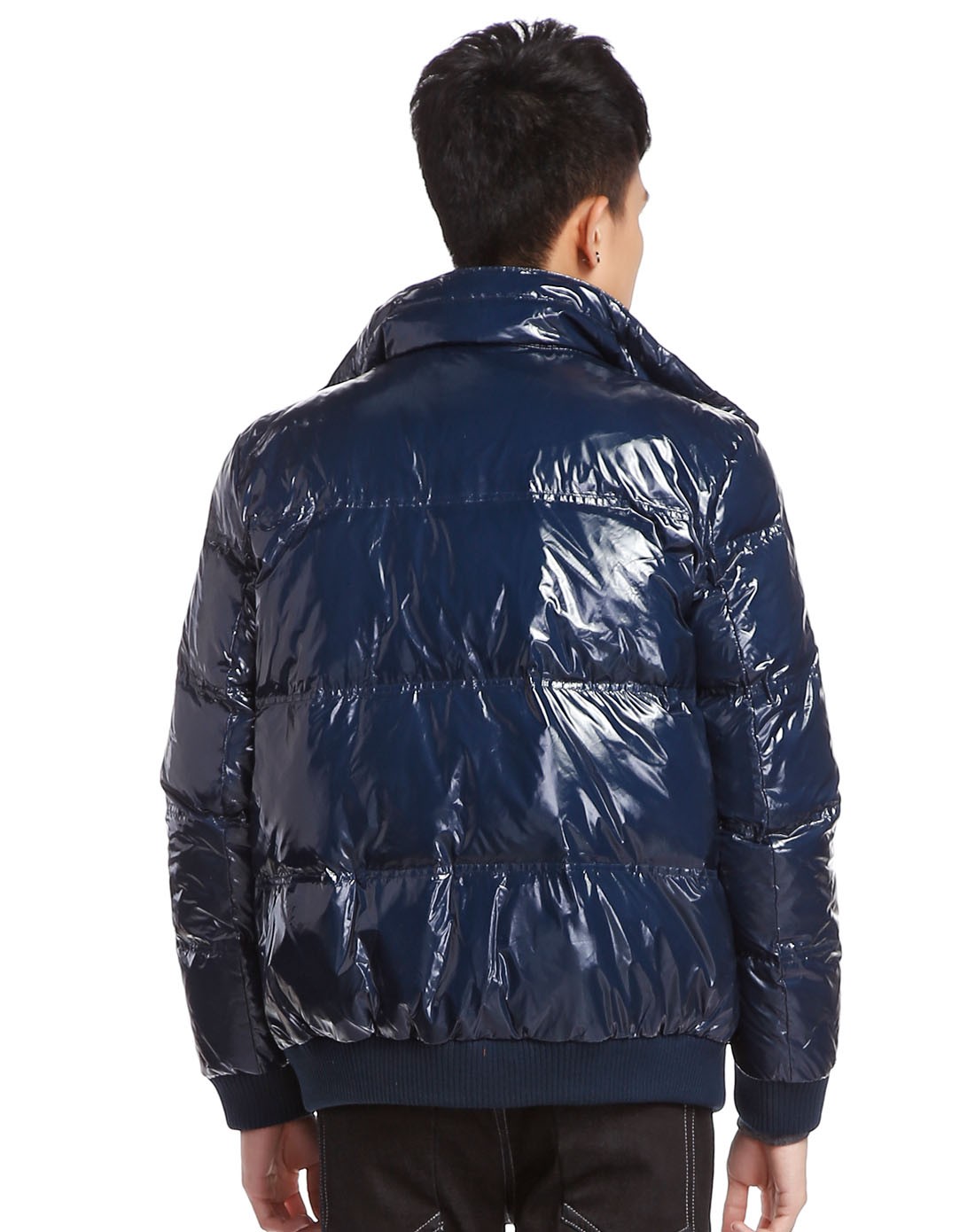 最后约惠-男装鞋配专场深蓝色休闲个性漆面长袖羽绒服10132413186