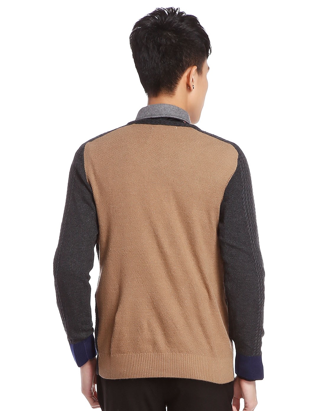 最后约惠-男装鞋配专场深灰/咖啡色拼贴口袋织纹长袖针织衫