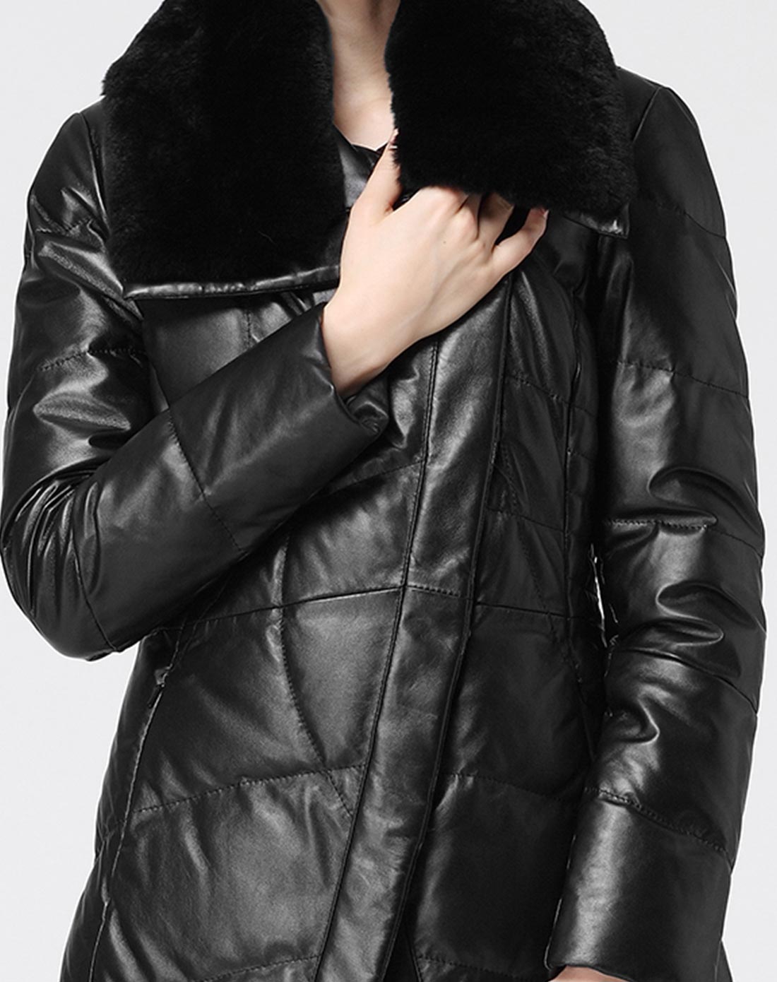 卡雷尔cerel vogue皮衣专场黑色时尚气质修身真皮长羽绒服2c