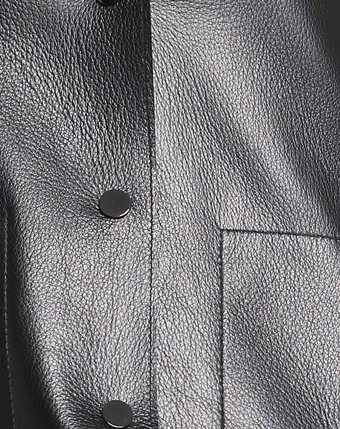 女装黑色绵羊皮复合无领中长皮衣