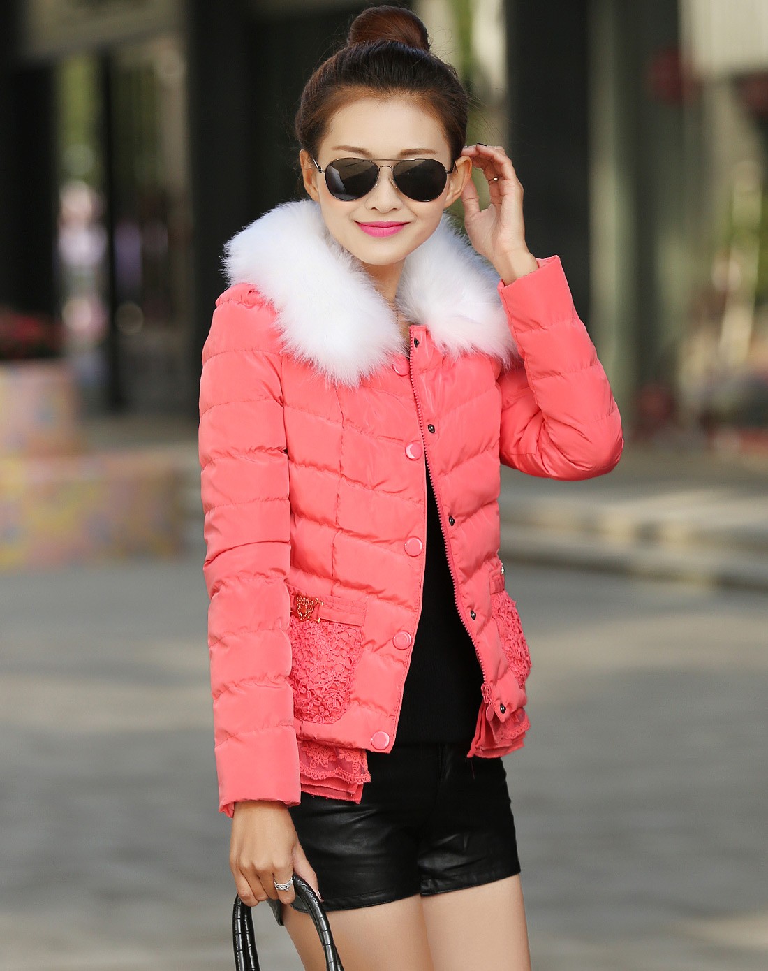 粉色冬季新款拼接毛领棉衣