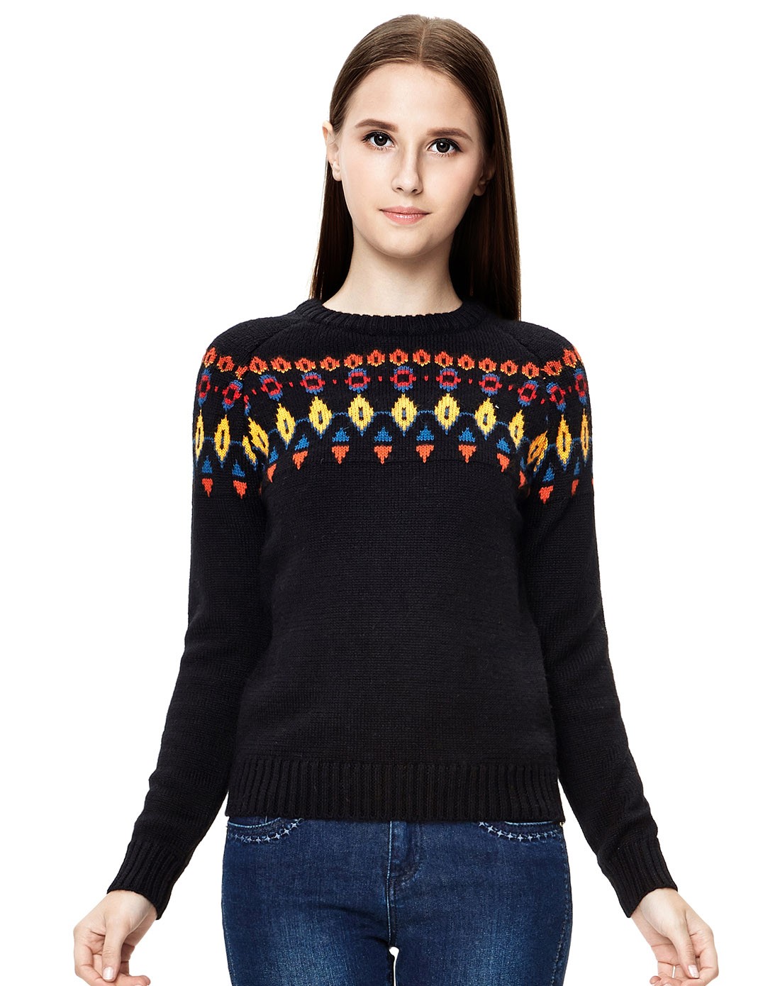 黑色几何图案提花毛衣