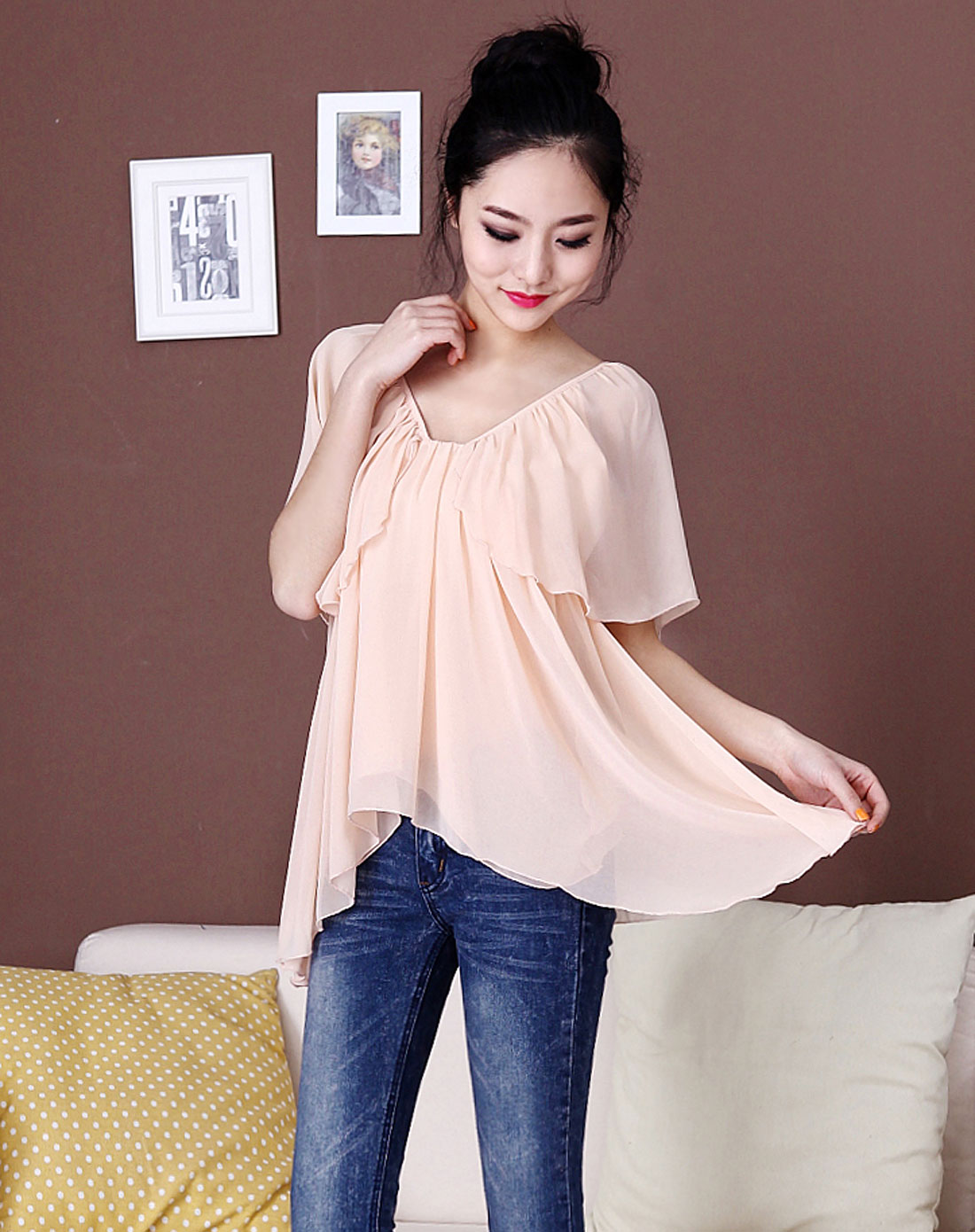 粉色宽松雪纺衫