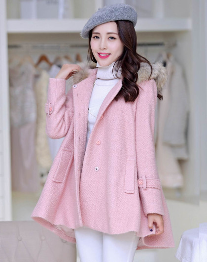女粉色时尚百搭纯色连帽领毛呢大衣