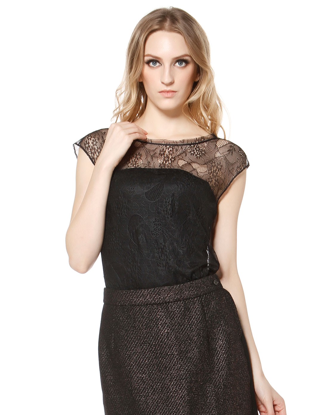 玛丝菲尔marisfrolg 黑色蕾丝透视盖肩袖上衣