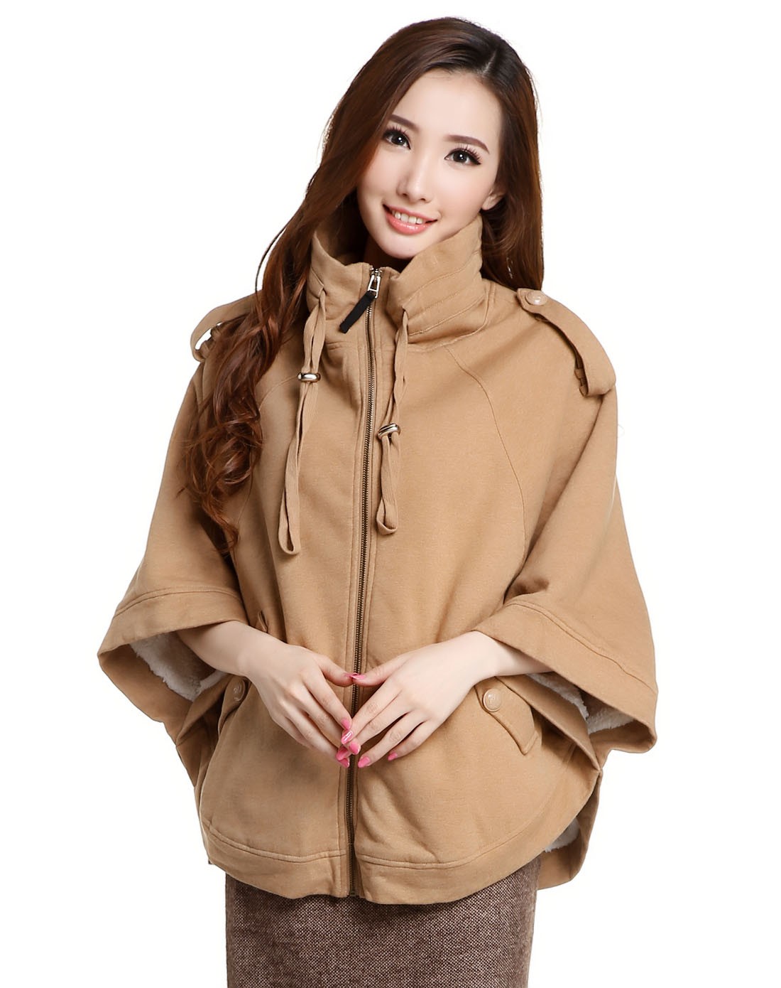 卡其色宽松大方斗篷式外套