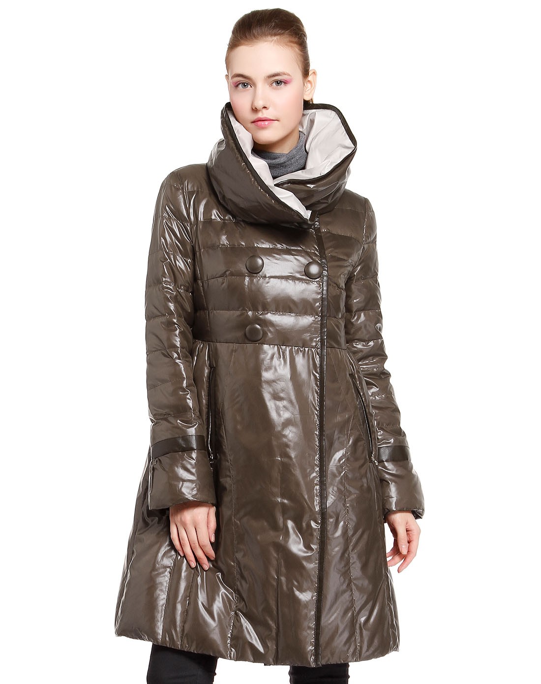 卡利亚里cagliari exchange女装专场-啡绿色时尚百搭翻领长袖中长款