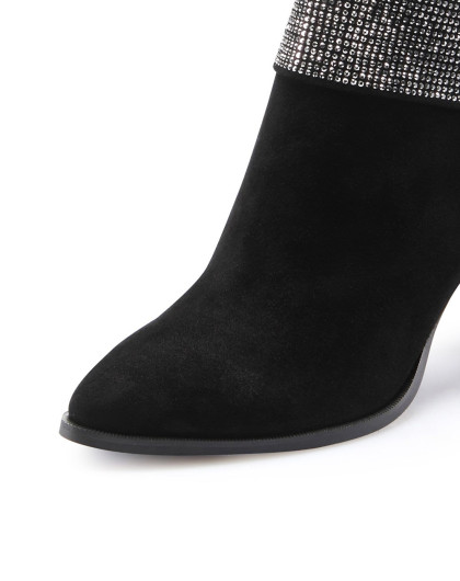 专柜同款女款黑色优雅时尚拼接闪钻脚踝靴