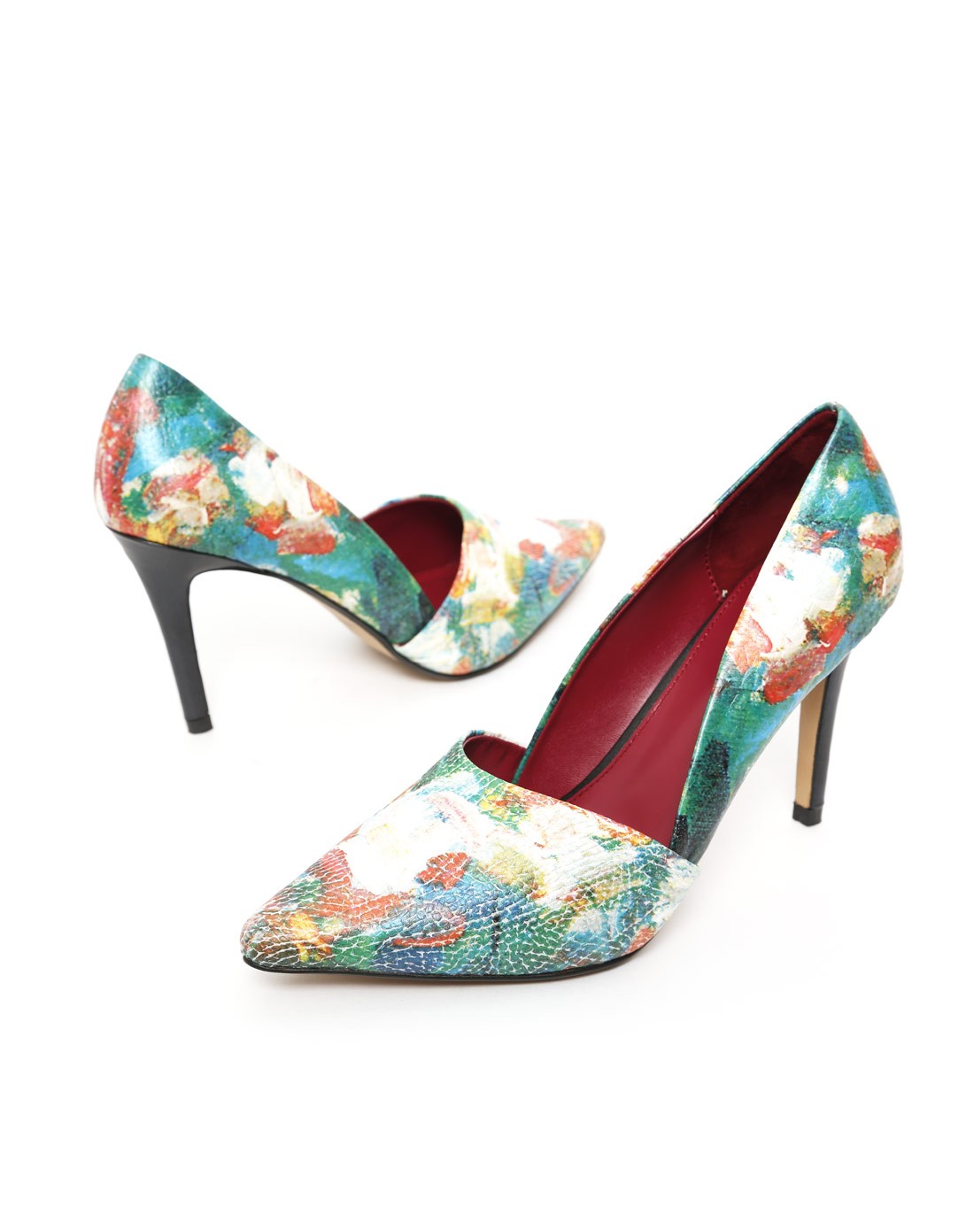 高端艺术炫彩珠光牛皮油画压花单鞋