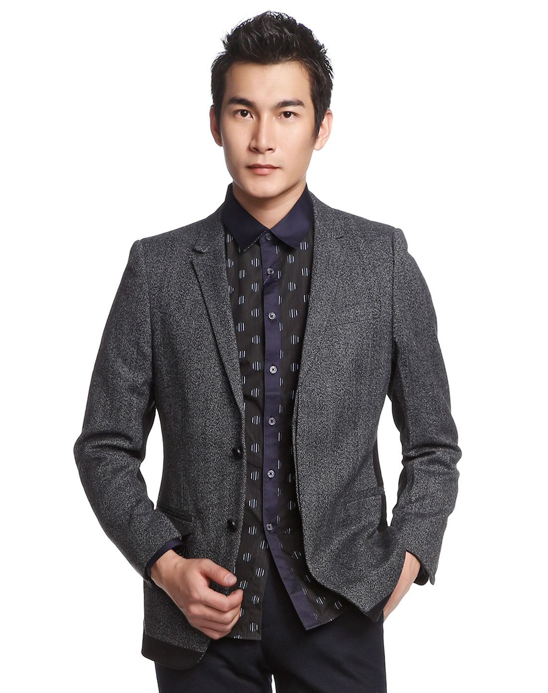 马克华菲mark fairwhale 新绅士深灰色稳重成熟拼接长袖西服