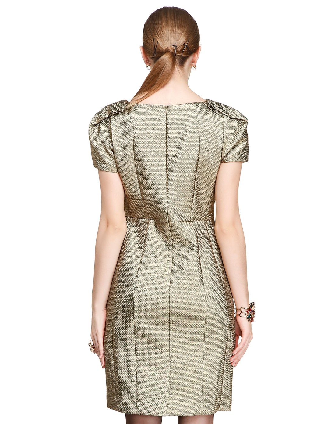 浅金色高贵钉珠短袖连衣裙