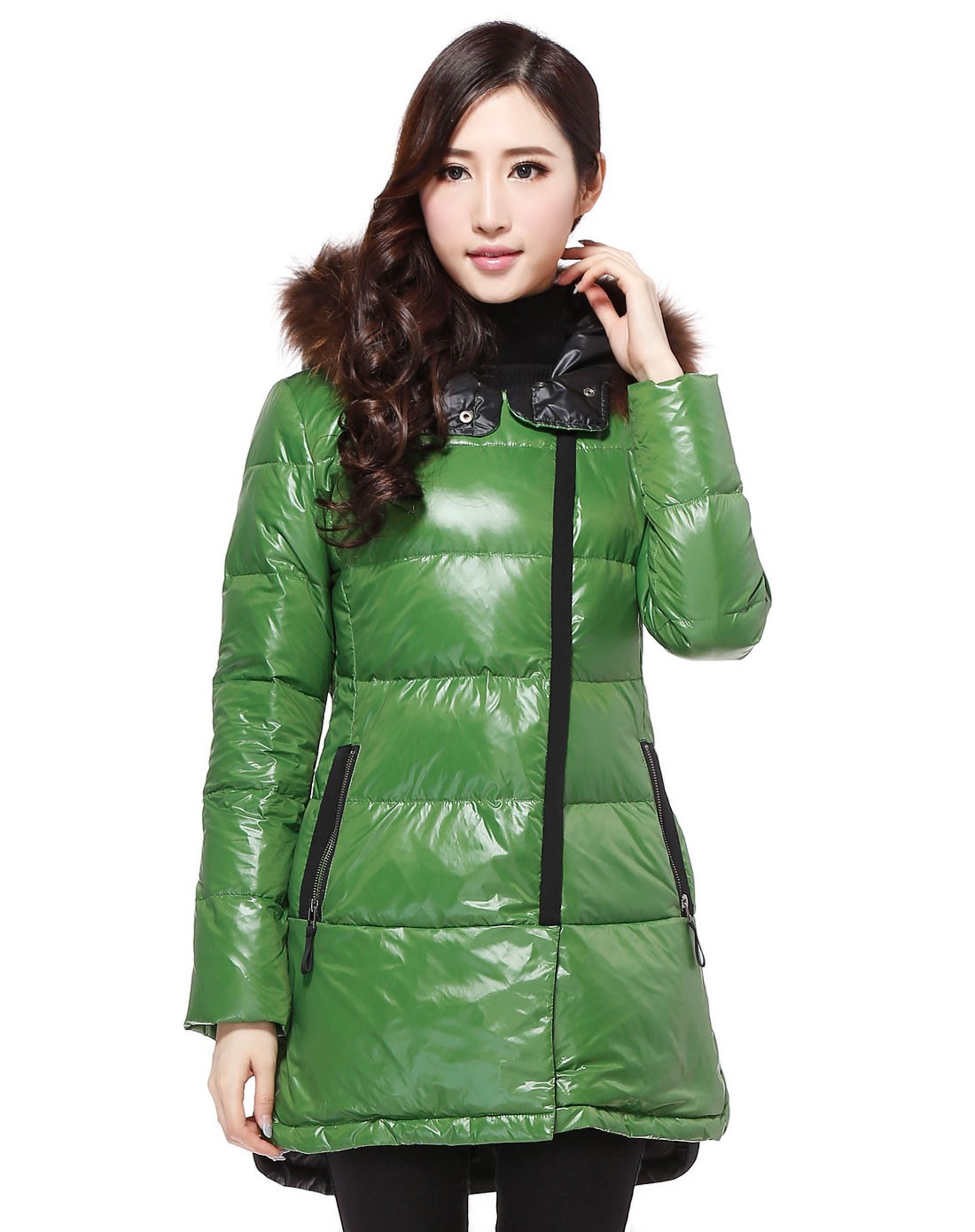 雅莹ep绿色连帽修身长袖长款羽绒服e13ihy049bg_唯品会