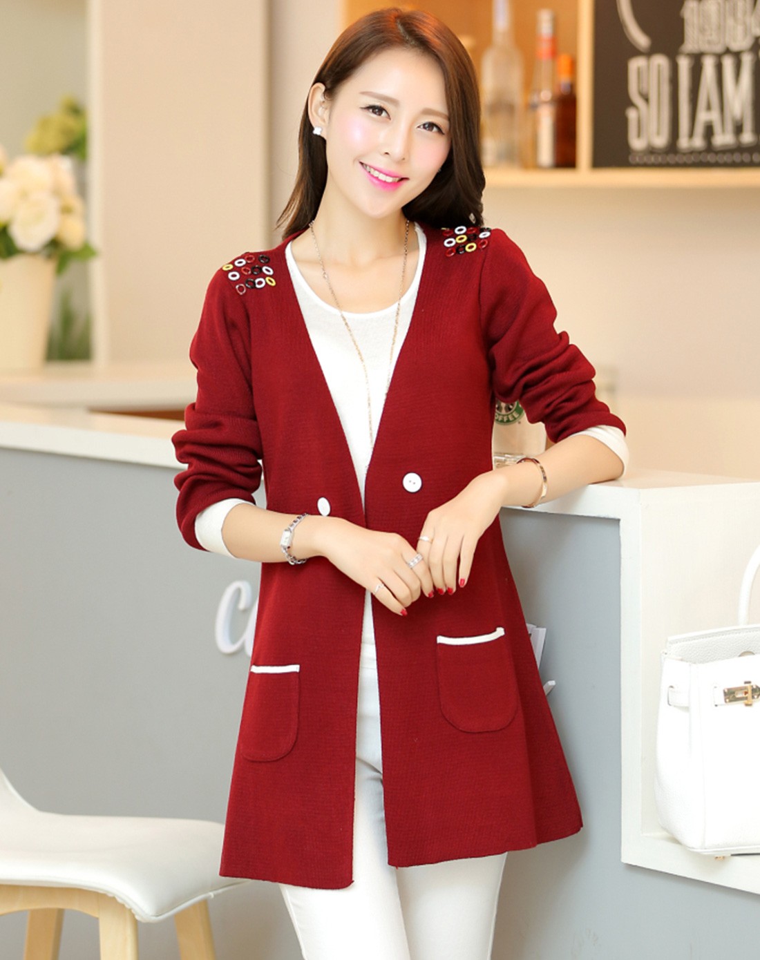 沫晗依美酒红珠管开衫针织衫clqs199jh_唯品会