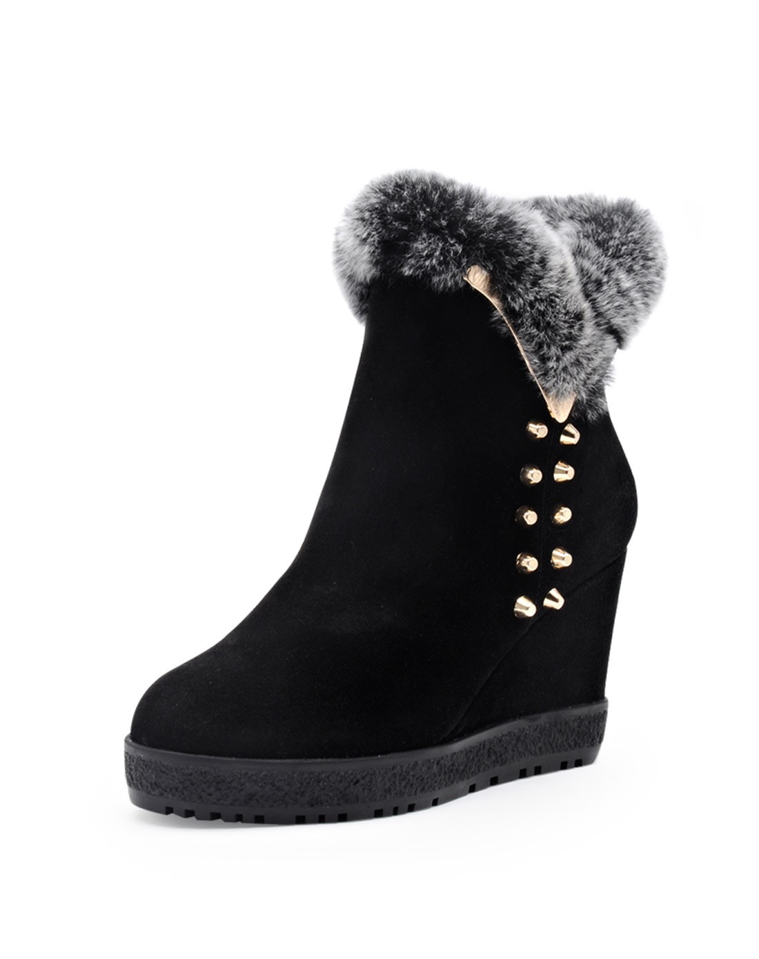 2014冬季新品反绒牛皮黑色铆钉坡跟短靴