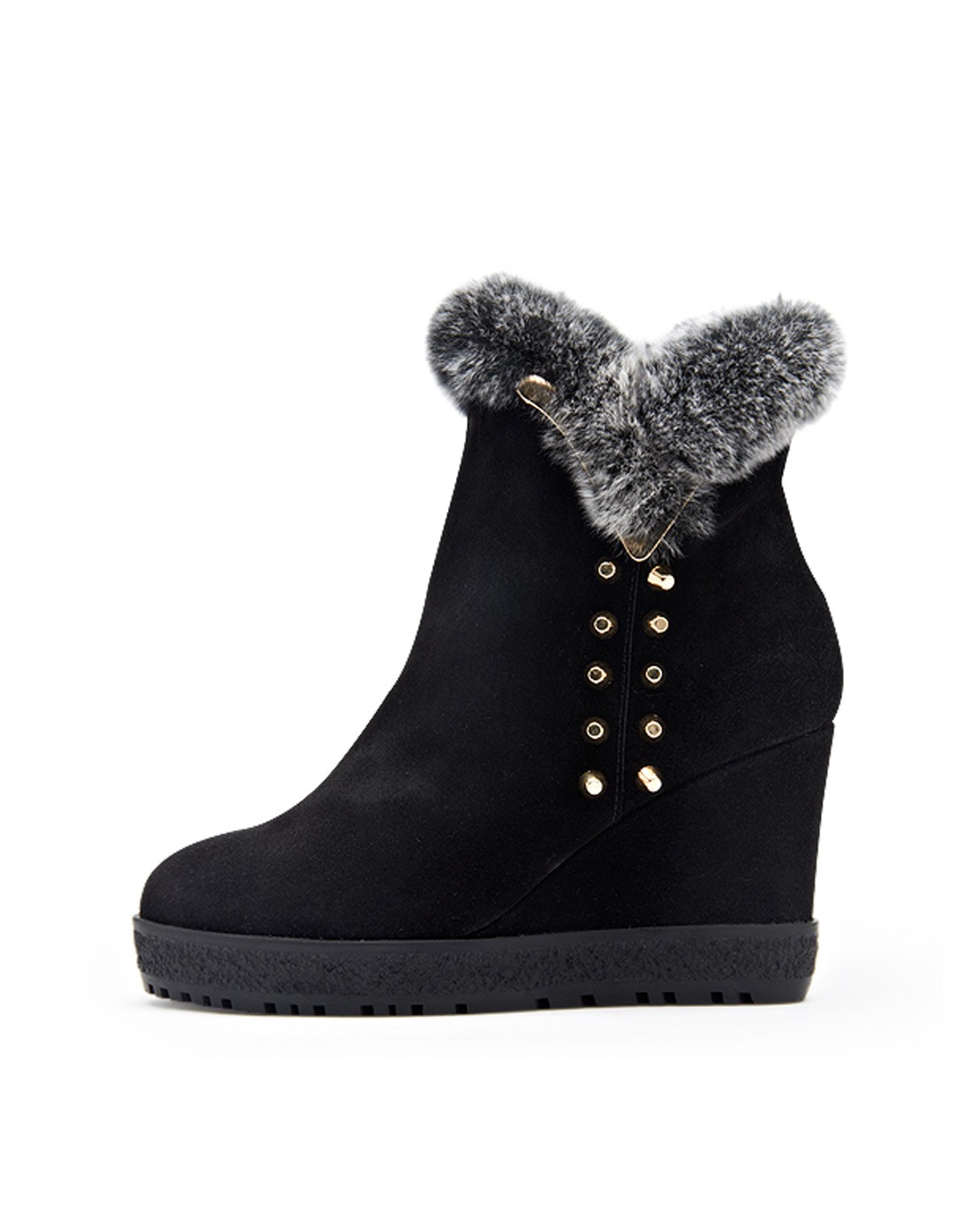 2014冬季新品反绒牛皮黑色铆钉坡跟短靴