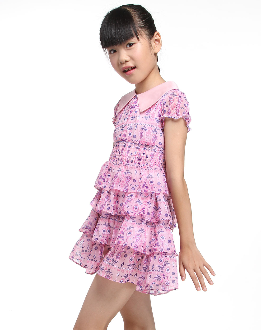 女童粉色碎花时尚短袖连衣裙