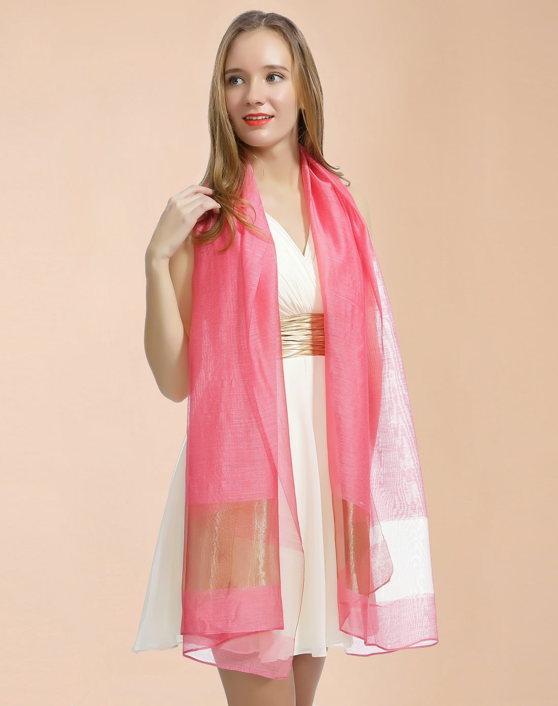 时尚纯色欧根纱西瓜红丝巾