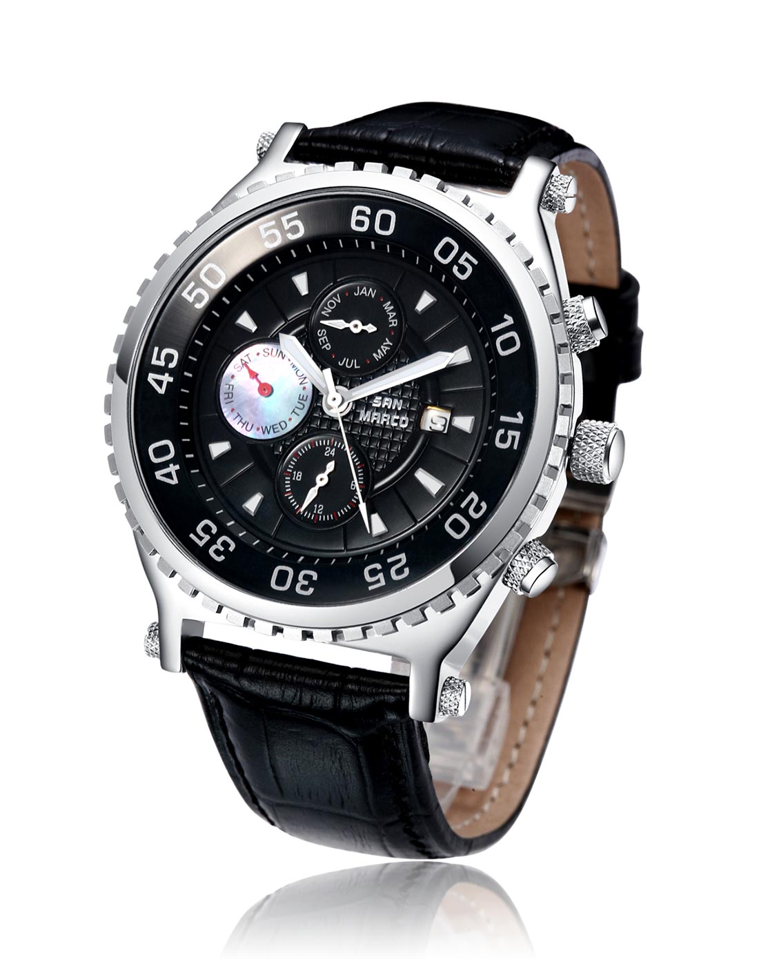 marco手表专场 > 钢色黑盘大开面多功能石英男表