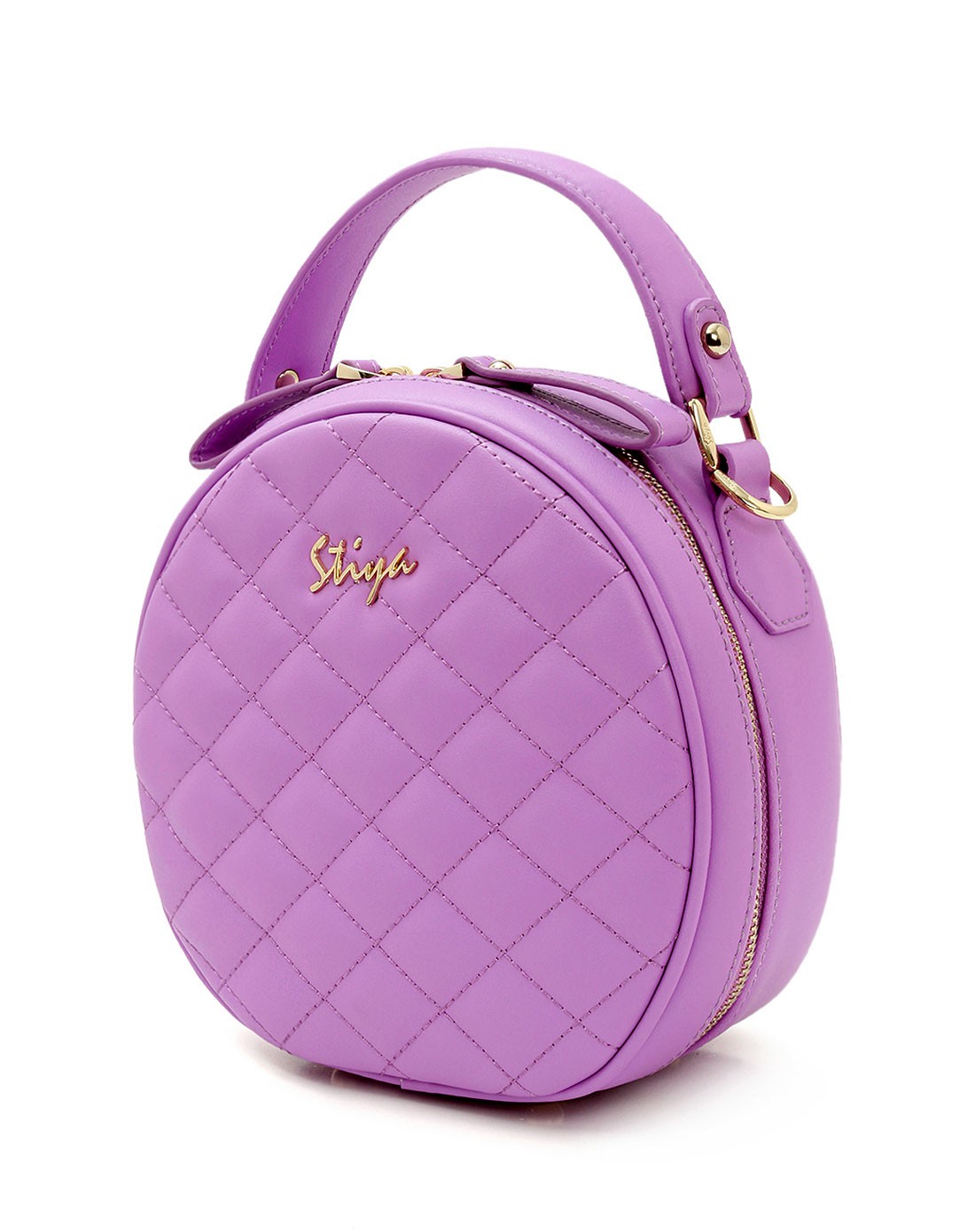 紫色轻巧马卡龙圆形菱格真皮mini包