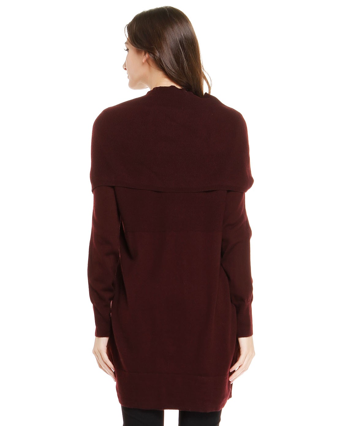 暗紫/灰色淑女拼接长袖长款针织衫