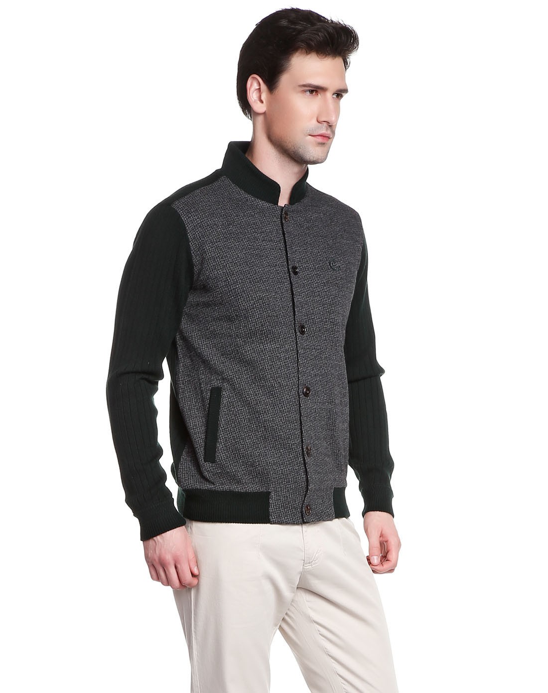 墨绿/深灰色个性拼接长袖夹克