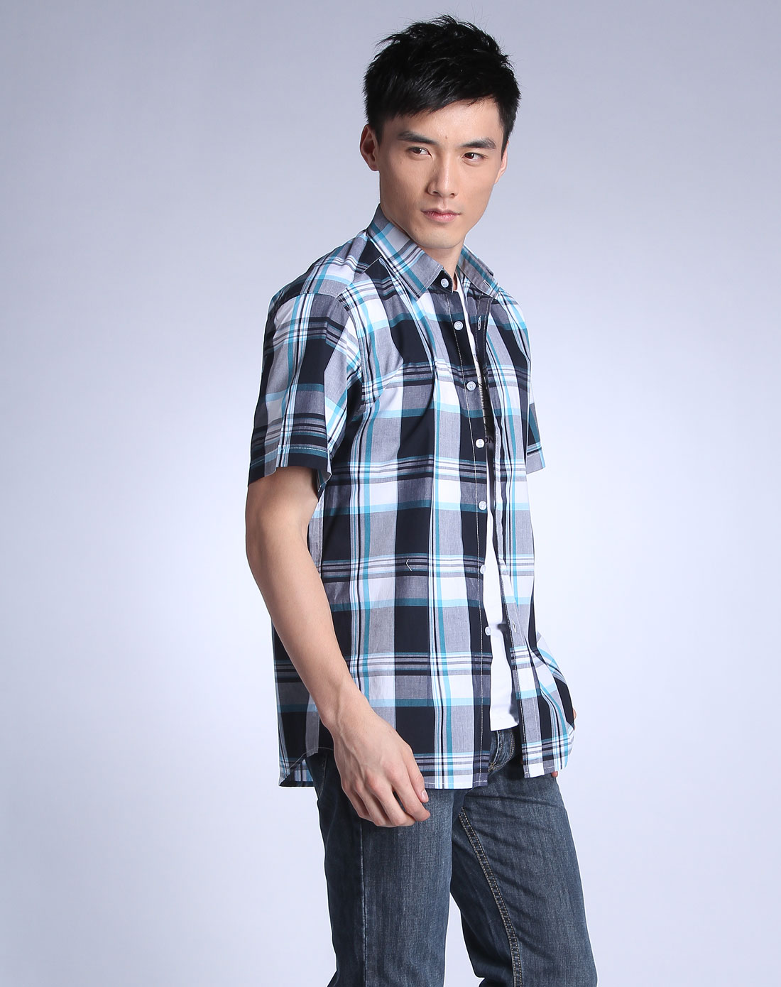 多色格子短袖衬衫