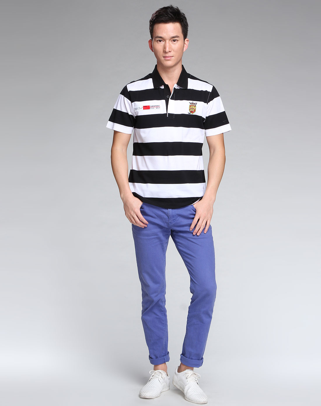 黑白色宽条纹短袖polo衫